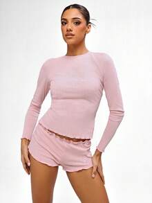 BABYPHAT Pointelle Ribbed Long Sleeve Crew Neck Lounge Top With Lettuce Hem Detail Soft Knit Fitted Casual Comfort Top - Pink - View 3