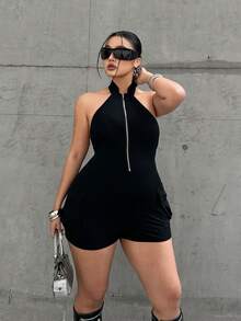 POPSWAY 时尚高领拉链前开无袖弹力短款连体衣 - 黑色 - 查看 5