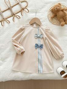 SHEIN Baby Girl Elegant Cute Bow Patchwork Plaid Short Sleeve Dress Elegant And Adorable Short-Sleeved Dresses For Baby Girls, Featuring 3D Bow Detailing And Plaid Trim; Cute And Casual Khaki Dresses; Blue And White Plaid Dresses With 3D Bow Detailing; Puff Sleeve Dresses; Suitable For Both Indoor And Outdoor Wear. - Multicolor - View 8