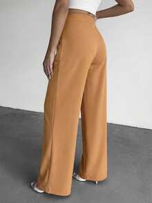 SHEIN Cottnline Fashionable & Versatile High Waist Wide Leg Solid Color Pants - Camel - View 2
