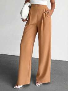 SHEIN Cottnline Fashionable & Versatile High Waist Wide Leg Solid Color Pants - Camel - View 3