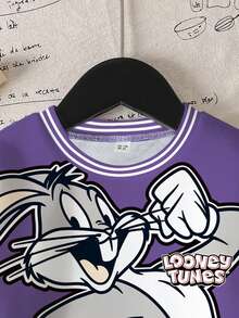 LOONEY TUNES X SHEIN 男童休闲时尚街头运动学院风卡通兔子字母图案条纹宽松卫衣，秋/春季款 - 白色 - 查看 3