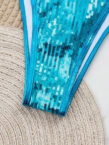 Swim SXY Bộ đồ bơi 3 món mới mùa Xuân/Hè 2026 dành cho nữ, đồ bơi đính sequin hình vỏ sò, trang phục đi biển. - Màu xanh lam - Xem 5