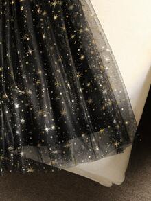 SHEIN 女童彩色亮片网纱半身裙，时尚百搭，适合日常穿着，春秋季 - 黑色 - 查看 5