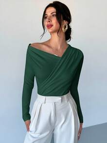 Firerie 女士优雅简约时尚不对称荷叶边领长袖露脐白色上衣，适合通勤、音乐节、度假等场合。 - 墨綠色 - 查看 5