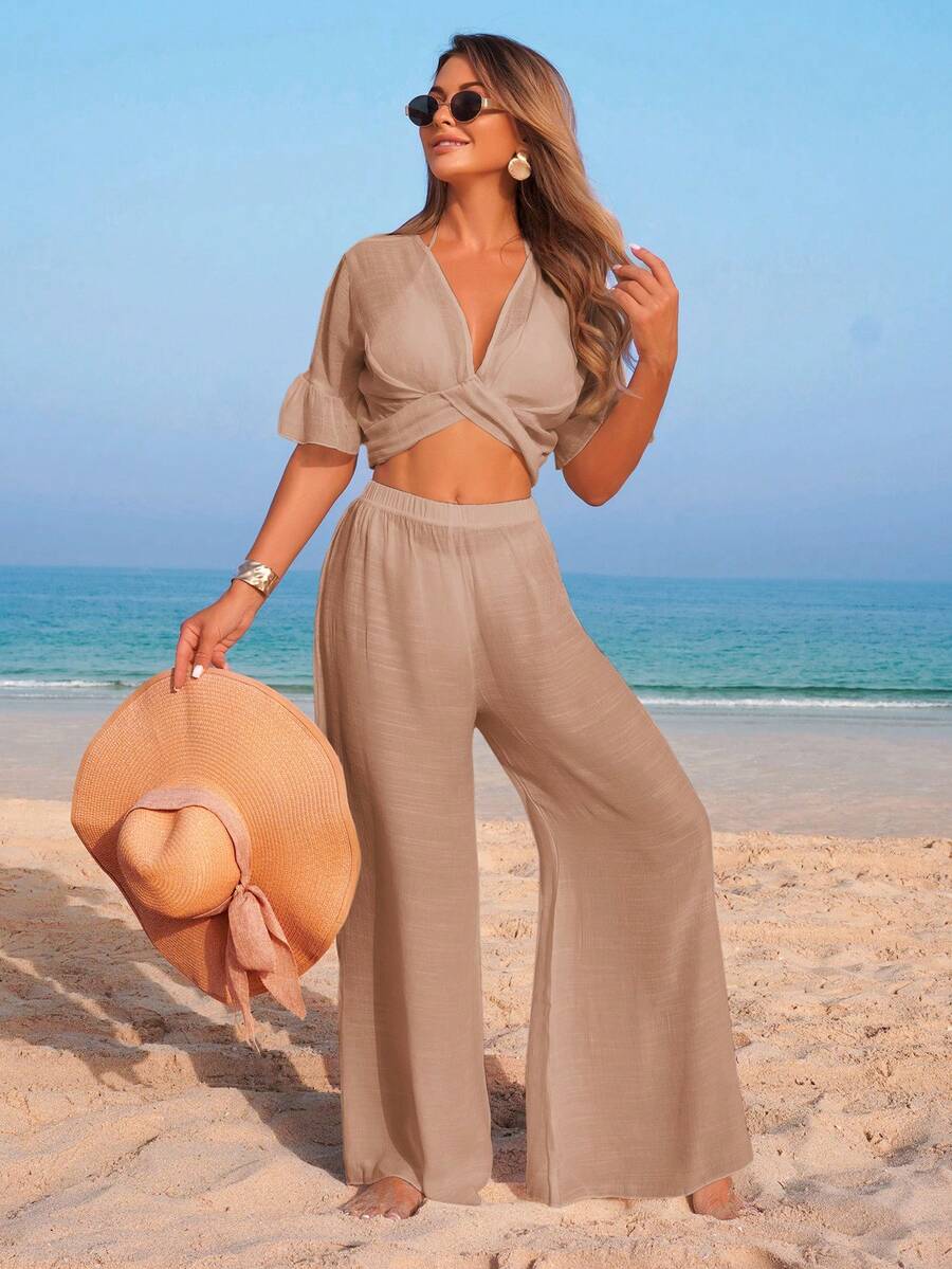 Swim Vcay 露背系带短款上衣和阔腿裤套装，优雅性感V领荷叶袖度假沙滩装 - 卡其色 - 查看 1