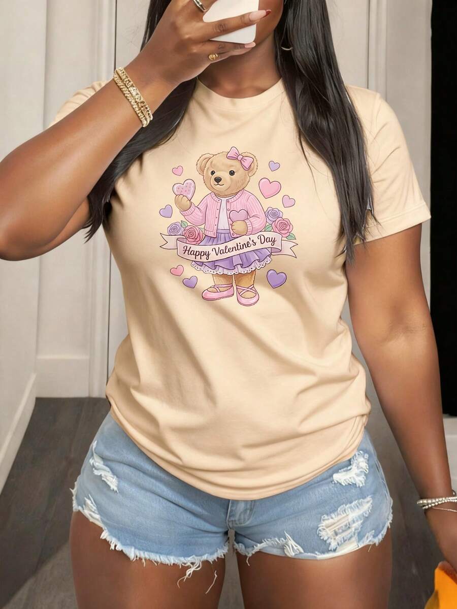 Camiseta de algodón suave con estampado de oso de peluche con corazón y texto Happy Valentine's Day para mujer ideal para celebraciones románticas y festividades del Día de San Valentín - Albaricoque - Ver 1