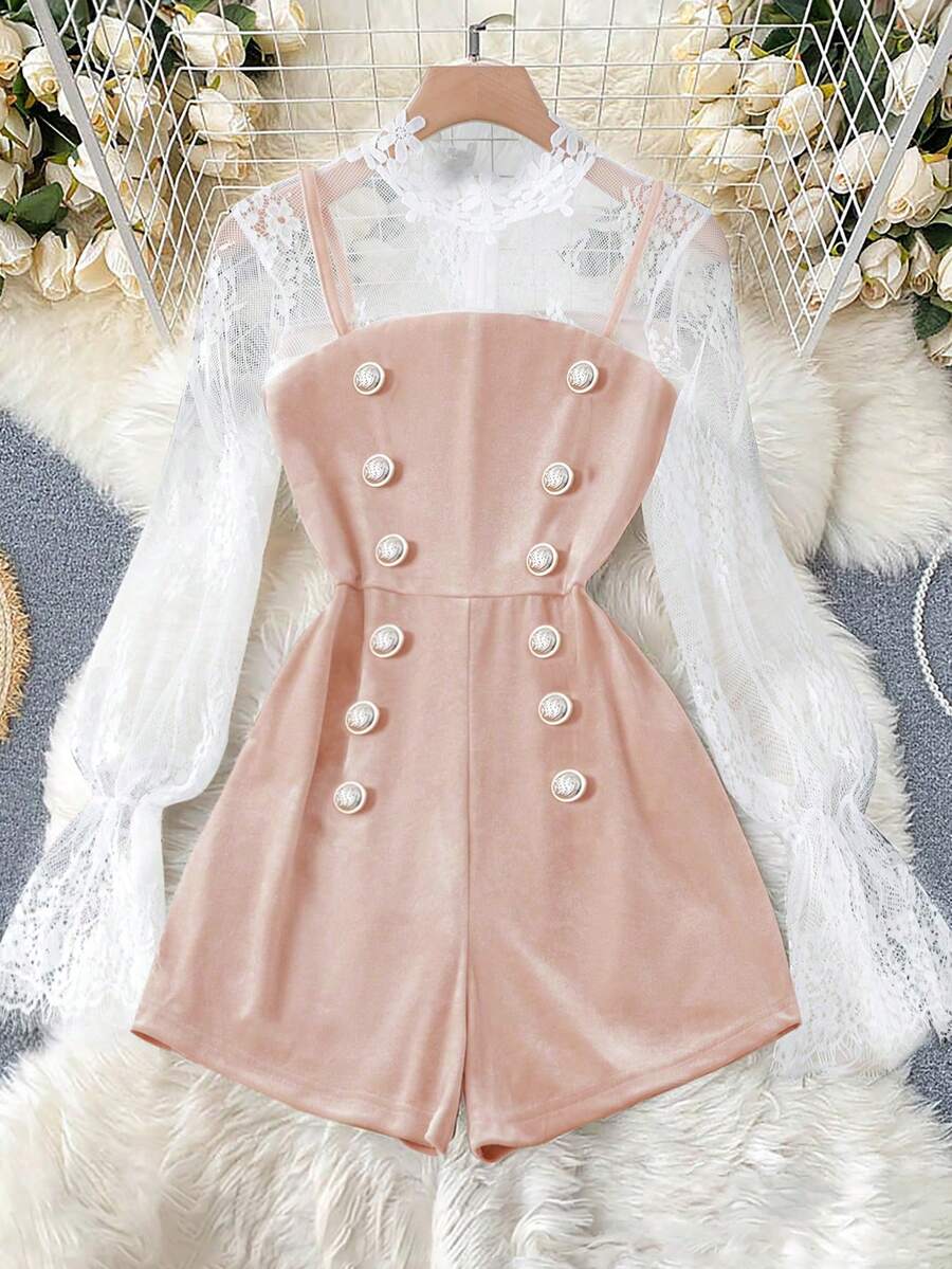 GlowEve Spring/Summer Latest Black Long Sleeve Lace Trim Elegant Fitted Design Gold Button Velvet Jumpsuit, Women Winter, Christmas, New Year Outfit - Baby Pink - View 1