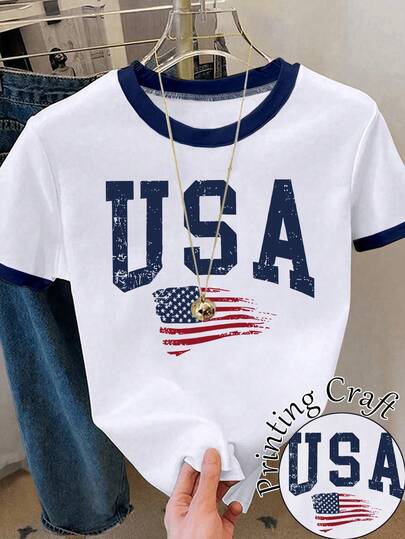 SHEIN Women's Colorblock American Flag & Letter Print Round Neck Short Sleeve T-Shirt