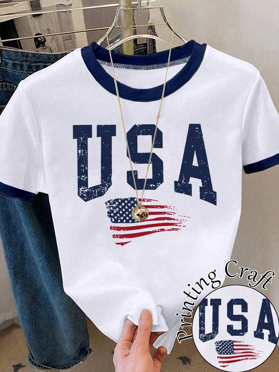 SHEIN Áo thun nữ tay ngắn cổ tròn in họa tiết cờ Mỹ và chữ cái phối màu - Nhiều màu - Xem 1