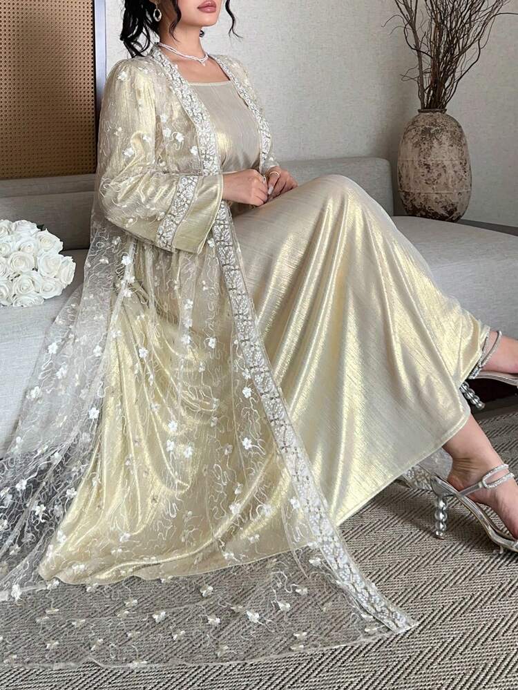 Dazy Plus Valentine Plus Size Solid Color V-Neck 3/4 Sleeve Belted Waist Elegant Maxi Dress Lace Cardigan Long Sleeve Robe Jacket, Spring/Summer/Autumn