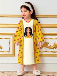 SHEIN Cute Cartoon Girl Red Rose Print Pattern Young Girl Casual Dress, Suitable For Spring And Summer - Multicolor - View 3