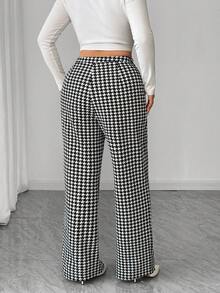 Elenzga Plus Size Women's Elegant Houndstooth Print Elastic Knit Pants, High Waist Refined Metal Buckle Straight Leg Trousers, Suitable For Various Occasions, Elegant Travel, Daily Commute, Work Pants Gingham - Black and White - View 2