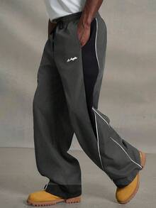 PAVTROS Pantaloni sport casual pentru bărbați, cu șiret, color block, croială lejeră, lungi, negri, cu model patchwork, pentru toamnă