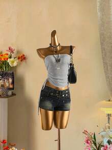 Attitoon Women's Casual Drawstring Tie-Front Cropped Tube Top Carnival - Light Grey - View 4