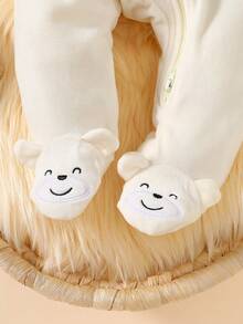 SHEIN 秋季婴儿，新生儿米色熊印花连帽拉链连脚连体衣，休闲可爱婴儿服装套装 - 杏色 - 查看 5