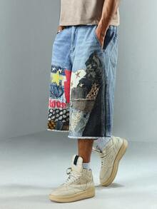 ROMWE MEN Street Life Men's Retro Digital Print Shorts - Blue - View 4