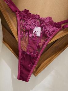 2pcs Mesh Embroidery Women's Lingerie Set - Red Violet - View 6