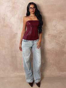 Glamine Women's Fashionable Burgundy Foil Snake Print Blouse,Punk-Texture PU Y2K Strapless Curved Waist Top - Burgundy - View 5