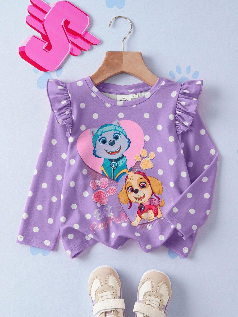SHEIN | PAW Patrol Áo thun dài tay cổ tròn tay raglan ôm dáng dành cho bé gái, họa tiết chấm bi, trái tim hoạt hình và chú cún dễ thương. - Màu tím - Xem 1