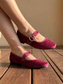 Bailarinas Mary Jane de moda color vino con punta cuadrada para mujer, cómodas bailarinas con hebilla y correa para uso diario. Bailarinas clásicas marrones con correa para mujer, elegantes y con estilo. - Vino - Ver 2