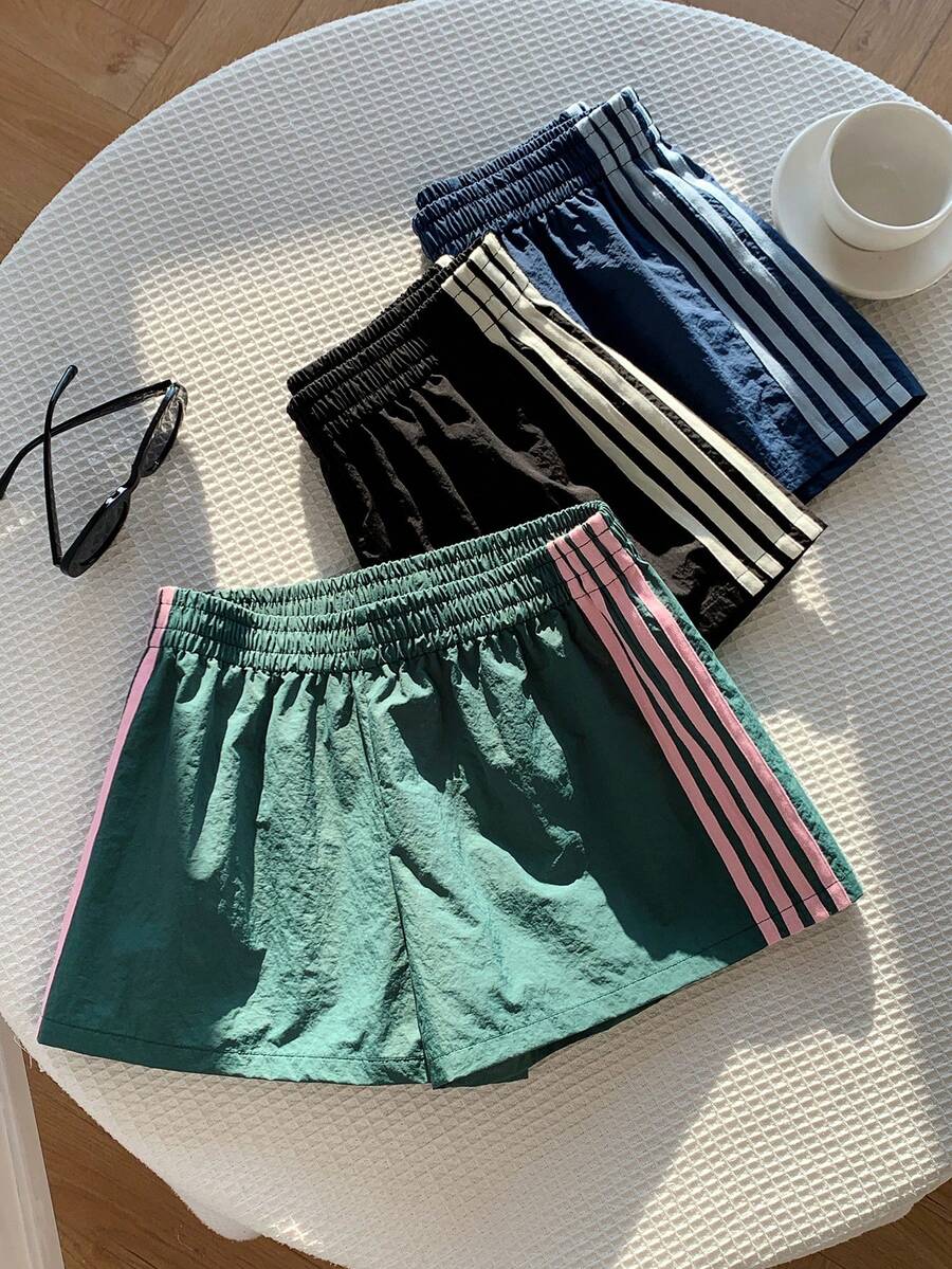 SHEIN EZwear 3件套女士休闲宽松短裤，侧边条纹，松紧腰，适合春夏穿着 - 彩色 - 查看 1