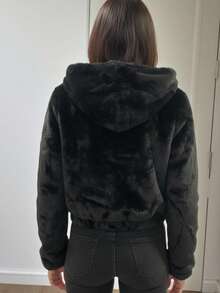 Chamarra de Peluche Corta para Mujer con Capucha, Cierre Completo y Ajuste Elástico, Abrigo Ligero de Invierno - Negro - Ver 7