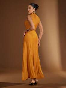 Hauture 女士纯色立领镂空腰部金属装饰优雅收腰派对连衣裙 - 橘色 - 查看 5