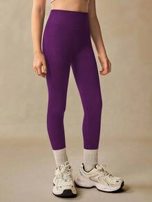 Quần legging thể thao lưng cao liền mạch có gân cho bé gái tuổi teen - Quần legging mềm mại như làn da thứ hai, nhanh khô, thoáng khí, co giãn 4 chiều, dùng để chạy bộ, đạp xe, tập yoga, bóng chày, thường ngày, màu đen - Màu tím - Xem 5