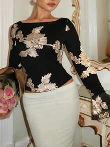 Glamine Charm 优雅网纱刺绣花卉泡泡袖束腰女式上衣 - 黑色 - 查看 5