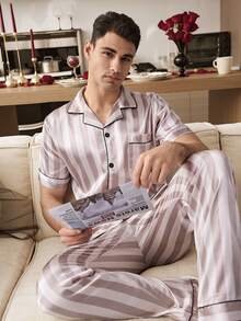 CoupledUp 条纹印花撞色翻领男士家居服 - 彩色 - 查看 3