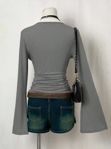 EgrlEra 女士休闲纯色褶皱腰长袖T恤 - 灰色 - 查看 2