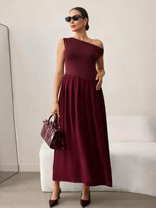 MaterniWear 孕妇纯色褶皱肩部设计优雅连衣裙 - 酒紅色 - 查看 5