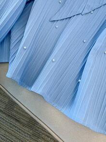 GlowEve CURVE Plus Size Elegant Commuter Shirt With Pearl Decor Collar And Tie - Blue - View 5