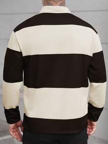 Manfinity Homme 男士休闲宽松半拉链条纹长袖Polo衫 - 棕色 - 查看 2