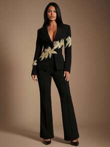 Radiana 女士优雅奢华黑色西装套装 - 金线刺绣西装外套 + 黑色长裤，两件套。精致的3D立体花卉刺绣装饰，适合商务、会议、宴会、派对和正式场合。 - 黑色 - 查看 2