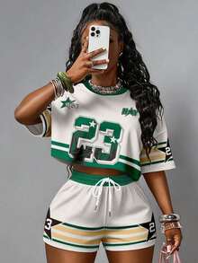 Slaydiva 女士街头风休闲#23印花露脐T恤和短裤两件套 - 彩色 - 查看 4