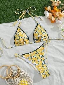 Swim Mod Women's Spring/Summer Beach Music Festival Lemon Print Shell Teeth Lace Cute Halter Thong Back Bikini Set - Multicolor - View 3