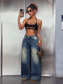 SHEIN PETITE Women's Casual Washed Low Waist Wide Leg Jeans Jeans Wide Leg Women Jeans Baggy Flared Jean Low Rise Jeans Y2k Cowgirl Jeans - Dark Wash - View 4