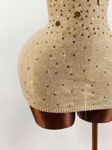 Amplova Váy ngắn hở lưng sequin gợi cảm, váy cổ yếm sequin bất đối xứng phù hợp cho tiệc tùng, mùa thu/đông - Vàng - Xem 7