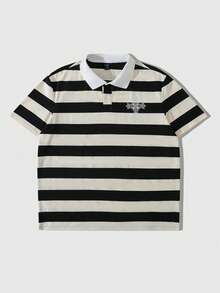 ROMWE MEN 男士休闲撞色条纹短袖Polo衫 - 黑色 - 查看 2