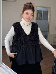 Dazy Plus 大码女式休闲纯色V领拼接仿毛领无袖吊带背心 - 黑色 - 查看 8