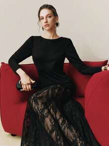 Arave Women's Elegant Lace Patchwork Long Dress, Casual Commuter Mature Style, Spring/Autumn New Year - Black - View 8