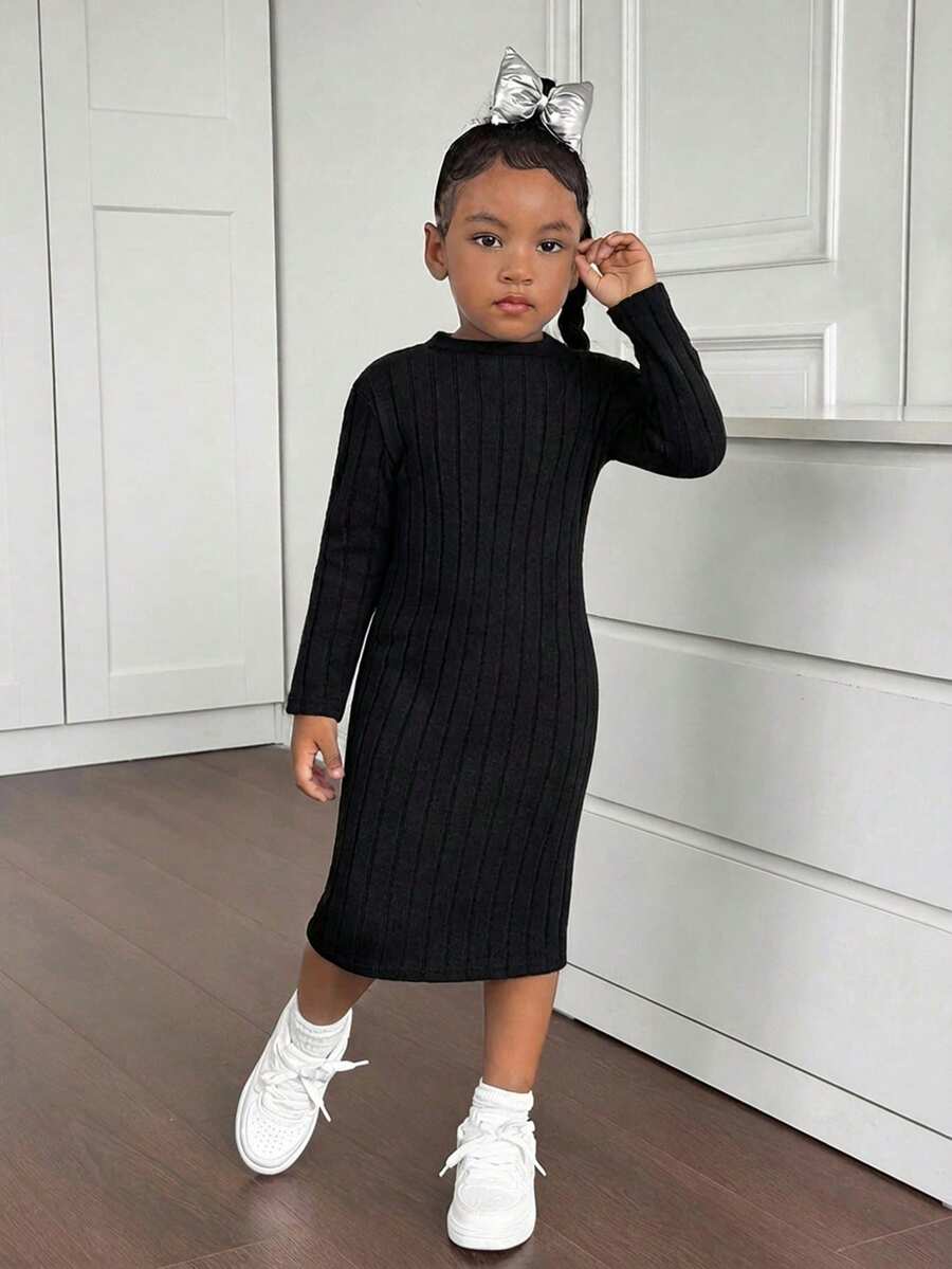 SHEIN Đầm dài tay ôm dáng tối giản dễ thương cho bé gái, thích hợp cho mùa thu/đông. - màu đen - Xem 1