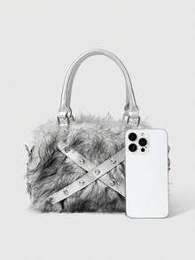 ROMWE Grunge Punk Túi đeo vai giả lông thú và đinh tán phong cách Y2K, túi xách mùa đông sang trọng kiểu Punk cho trang phục mùa thu/đông. - Bạc - Xem 5