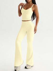 Sovereign Charm Bộ đồ thể thao nữ 3 món, gồm áo thun dài tay, áo hai dây điều chỉnh được và quần ống rộng cạp cao, thích hợp cho mặc thường ngày, chạy bộ, yoga, tập gym, tennis, mọi mùa. - Màu vàng - Xem 7