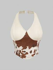 ROMWE Grunge Punk Vintage Western Animal Print Patchwork PU Halter Neck Tank Top For Women