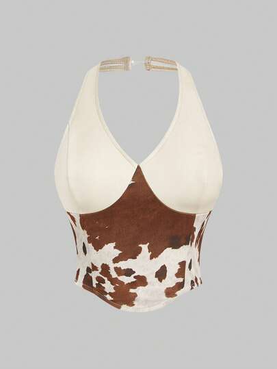 Grunge Punk Vintage Western Tiermuster Patchwork PU Trägertop für Frauen