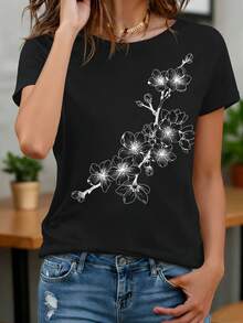 EMERY ROSE Áo thun ngắn tay in hoa phong cách thường ngày dành cho nữ, thích hợp cho mùa hè. - màu đen - Xem 3