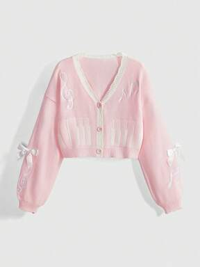 Kawaii Women's Casual Minimalist Music Note Embroidery Bow Decor Contrast Trim Cardigan, Autumn/Winter